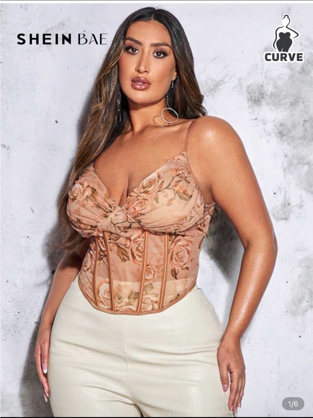 SHEIN Curve Floral Mesh Corset Tank Top in Nude Rose Tan